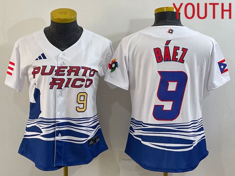 Youth 2023 World Cub Puerto Rico 9 Baez White MLB Jersey
